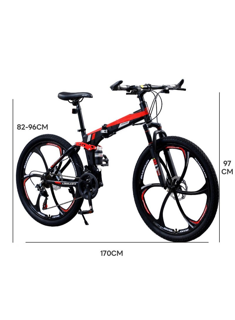 26 Inch Folding Mountain Bike, 24 Speed Full Suspension Bicycle with High-Carbon Steel, Dual Disc Brake Non-Slip Quick Release tire Folding MTB for Adults/Men/Women