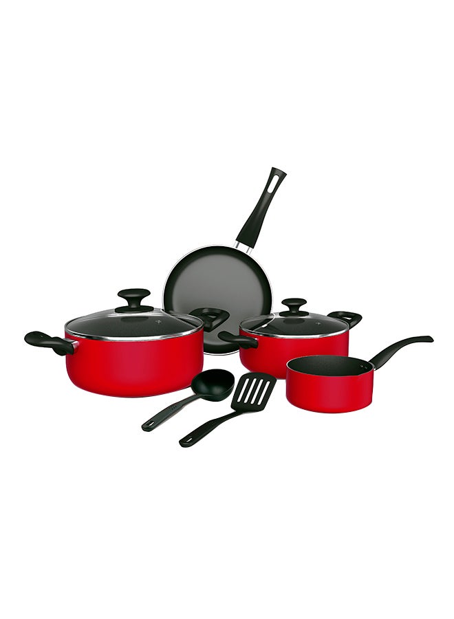 8 Piece Cookware Set, Food Grade Aluminium With 3 Layer Non-Stick Coating, 28Cm Casserole With Lid, 24Cm Casserole With Lid, 16Cm Saucepan, 26Cm Fry Pan, Nylon Turner - Hw-2600 Red 1centimeter