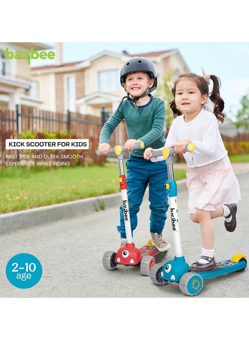 Baybee Skate Scooter for Kids, 3 Wheel Kids Scooter with 3 Height Adjustable Handle, Kick Scooter with Led PU Wheels & Rear Brake, Runner Scooter for Kids 2 to 10 Years Boy Girl Blue