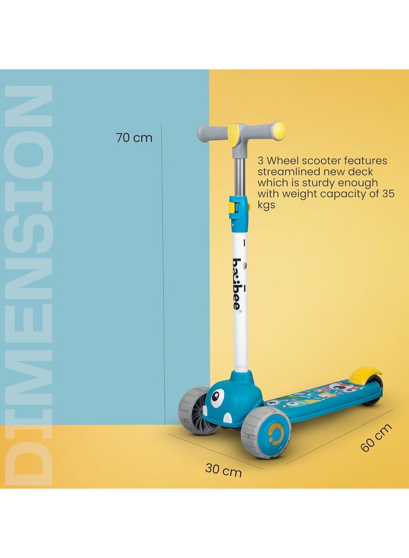 Baybee Skate Scooter for Kids, 3 Wheel Kids Scooter with 3 Height Adjustable Handle, Kick Scooter with Led PU Wheels & Rear Brake, Runner Scooter for Kids 2 to 10 Years Boy Girl Blue