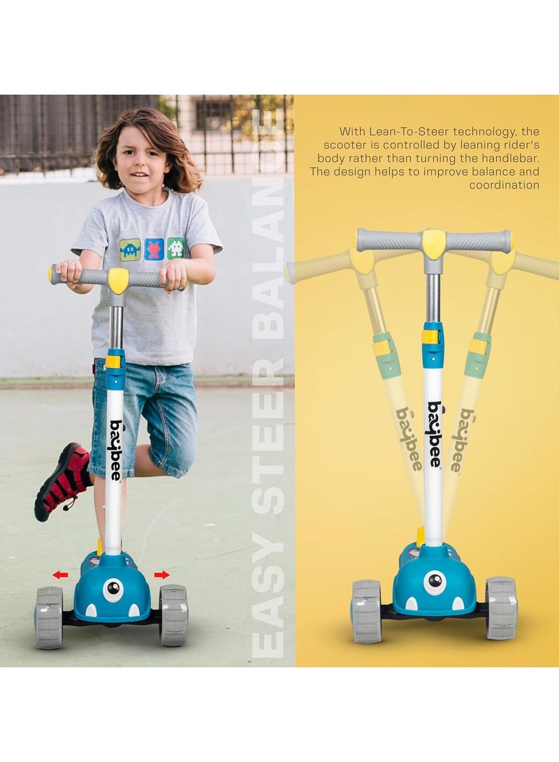 Baybee Skate Scooter for Kids, 3 Wheel Kids Scooter with 3 Height Adjustable Handle, Kick Scooter with Led PU Wheels & Rear Brake, Runner Scooter for Kids 2 to 10 Years Boy Girl Blue