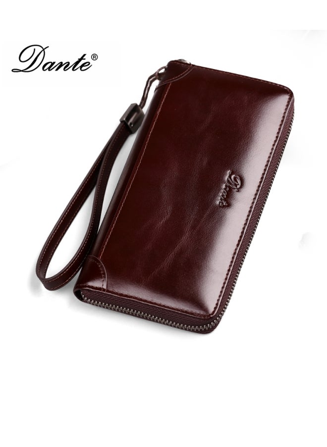 Men's Clutch Bag RFID Anti-theft Brush Retro First Layer Cowhide Long Wallet Oil Wax Brown (Cowhide Anti-card Swiping)