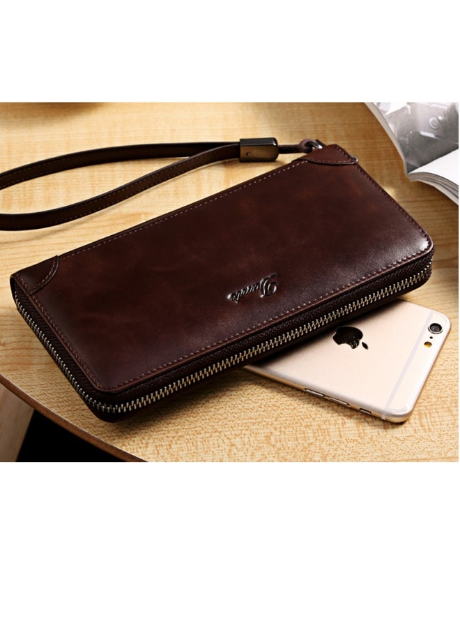 Men's Clutch Bag RFID Anti-theft Brush Retro First Layer Cowhide Long Wallet Oil Wax Brown (Cowhide Anti-card Swiping)