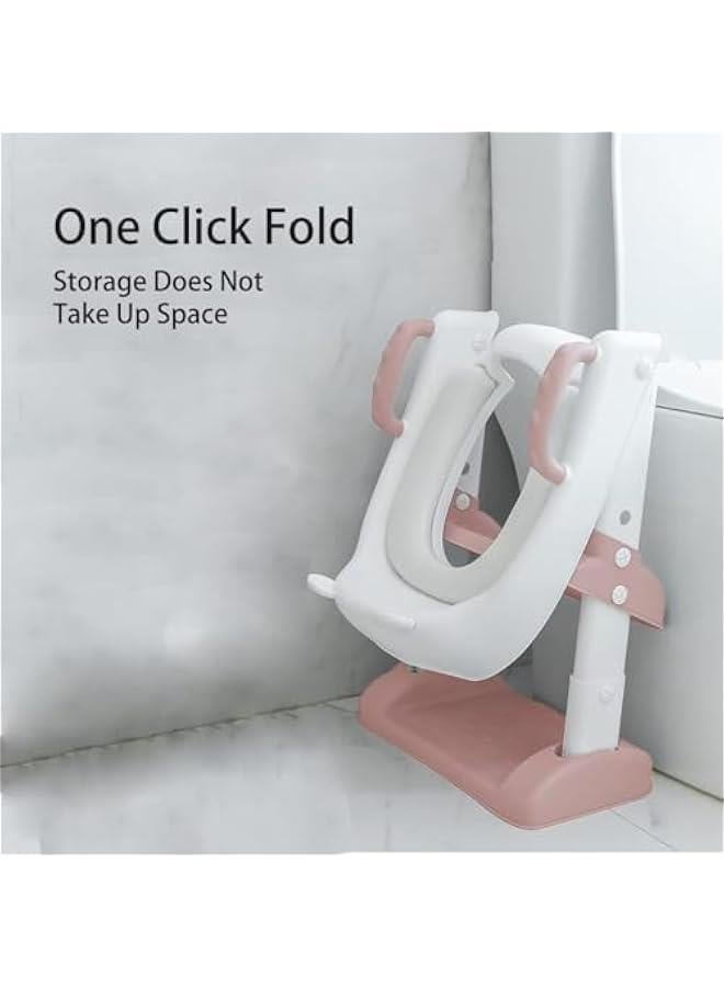 Toilet Training Seat with Pedal Stool Ladder, Foldable Toddler Toilet Seat with Anti-Slip Pads, 2 In 1 Kids Potty Training Toilet Splash Proof Plate Suitable for Boys and Girls (Pink)