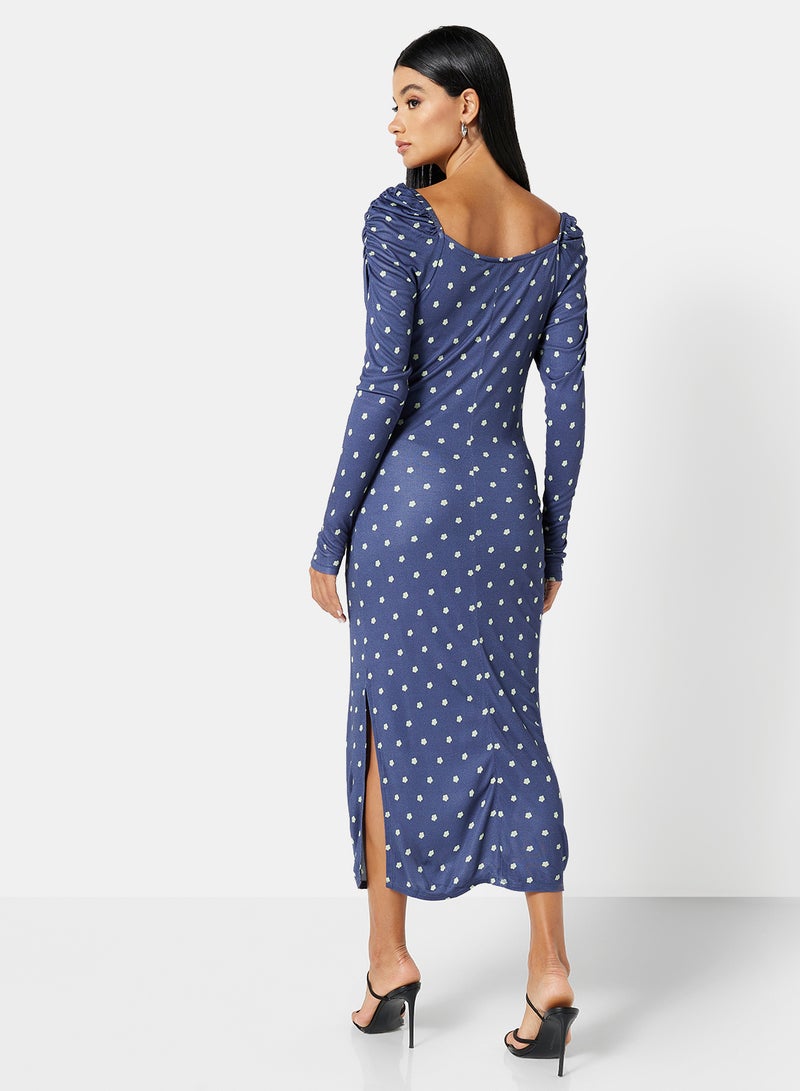 Floral Print Midi Dress Blue