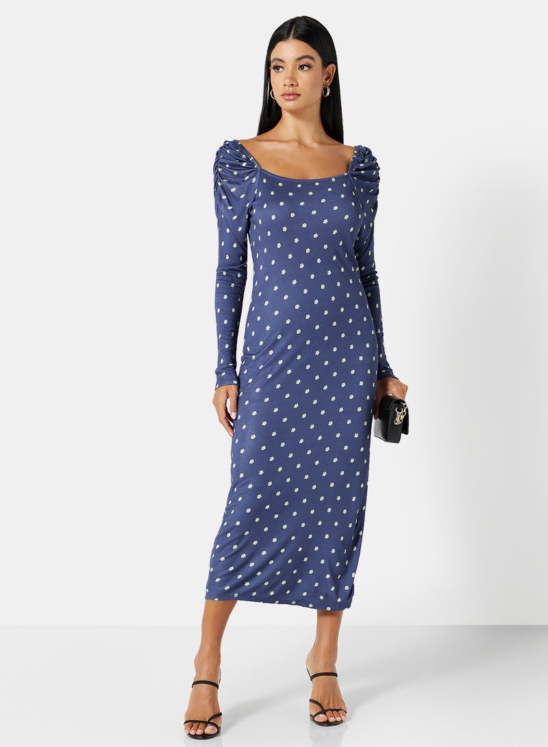 Floral Print Midi Dress Blue