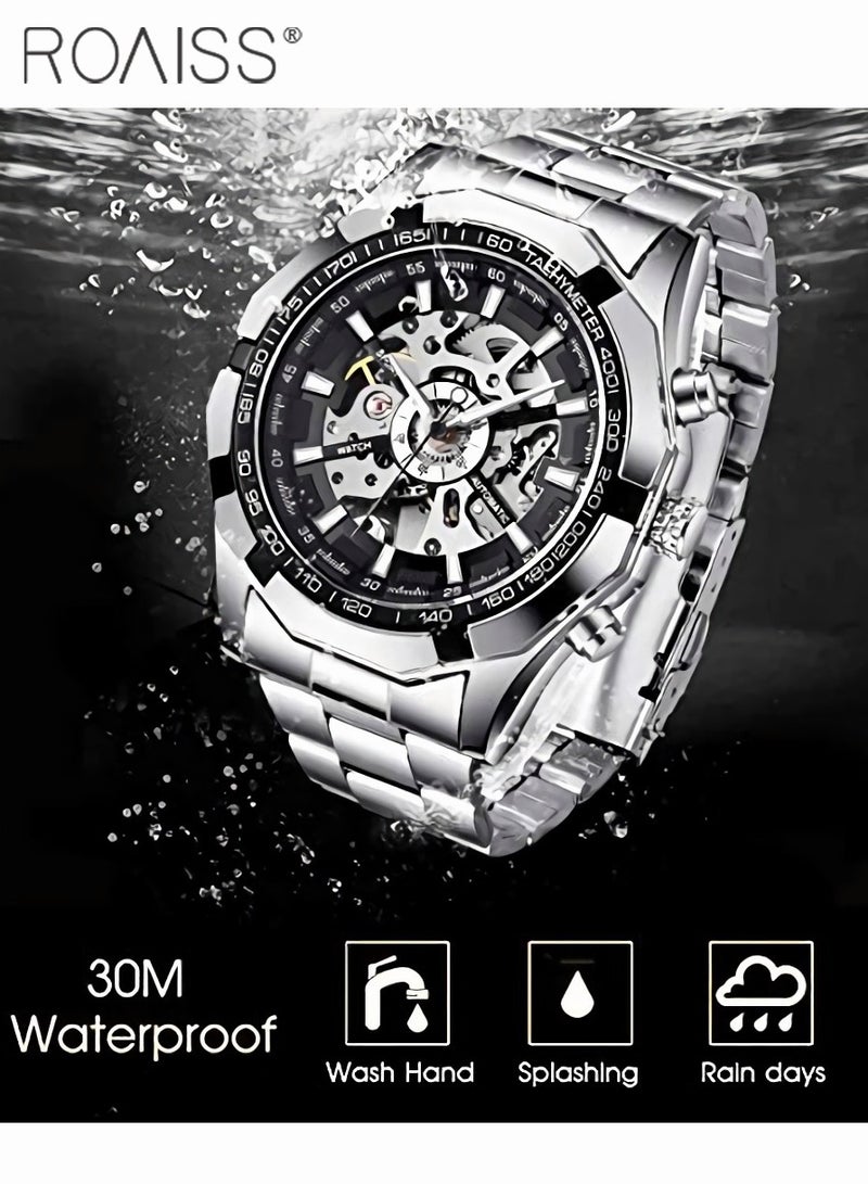 Men's Mechanical Skeleton Stainless Steel Watch Waterproof Self Winding Luxury X Dial Steampunk Wristwatch