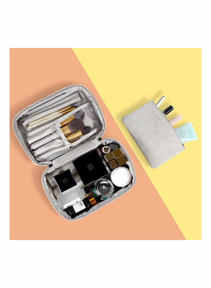 Travel Makeup Bag Cosmetic Case Organizer with Brush Holder Pouch and Portable Storage Bag for Purse, Large Toiletry Make Up Bag for Women and Girls (Grey)