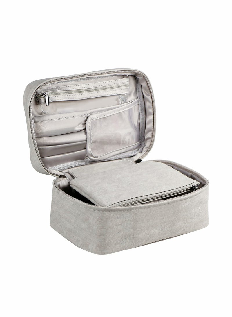 Travel Makeup Bag Cosmetic Case Organizer with Brush Holder Pouch and Portable Storage Bag for Purse, Large Toiletry Make Up Bag for Women and Girls (Grey)