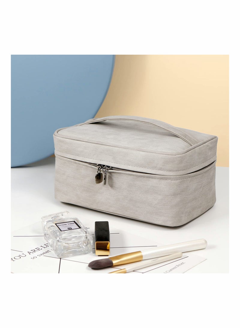 Travel Makeup Bag Cosmetic Case Organizer with Brush Holder Pouch and Portable Storage Bag for Purse, Large Toiletry Make Up Bag for Women and Girls (Grey)
