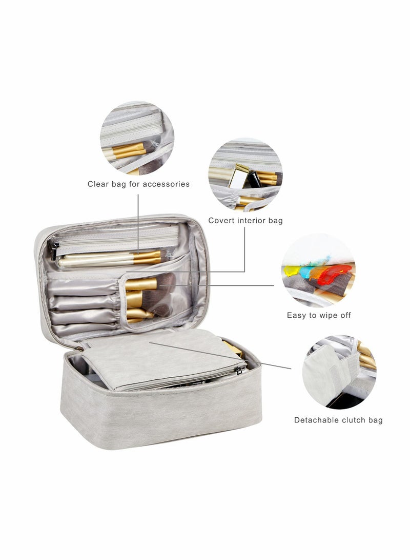 Travel Makeup Bag Cosmetic Case Organizer with Brush Holder Pouch and Portable Storage Bag for Purse, Large Toiletry Make Up Bag for Women and Girls (Grey)