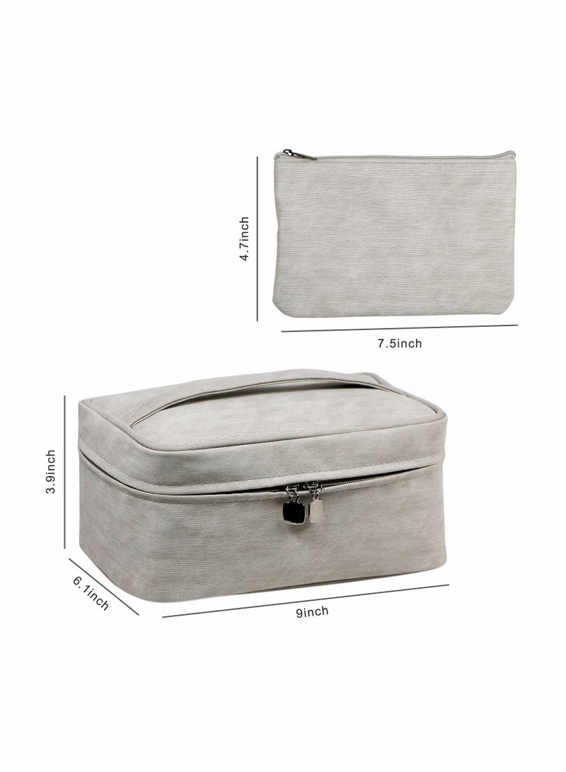 Travel Makeup Bag Cosmetic Case Organizer with Brush Holder Pouch and Portable Storage Bag for Purse, Large Toiletry Make Up Bag for Women and Girls (Grey)