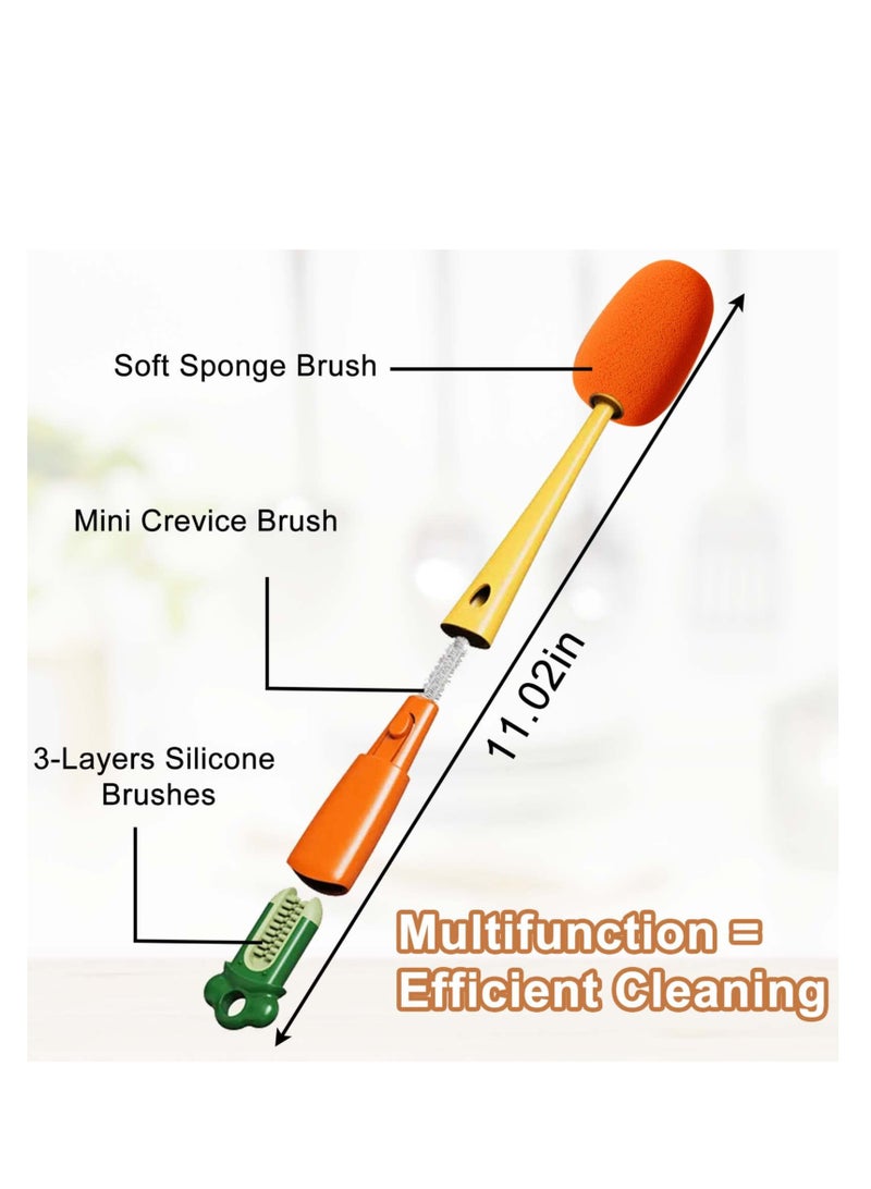 Bottle Brush Cleaner. 3 in 1 Carrot Baby Multifunctional Replaceable Sponge Cleaning Brush for Kitchen Water Bottle Cover Feeding Nozzle Glass Cup Crevice Home Washing Tool