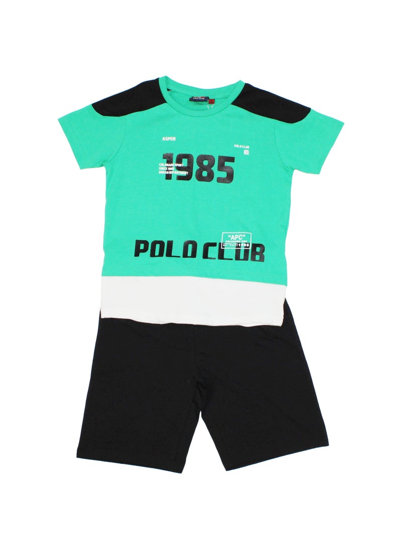 Boys printed round neck t-shirt with Black jogger pants set