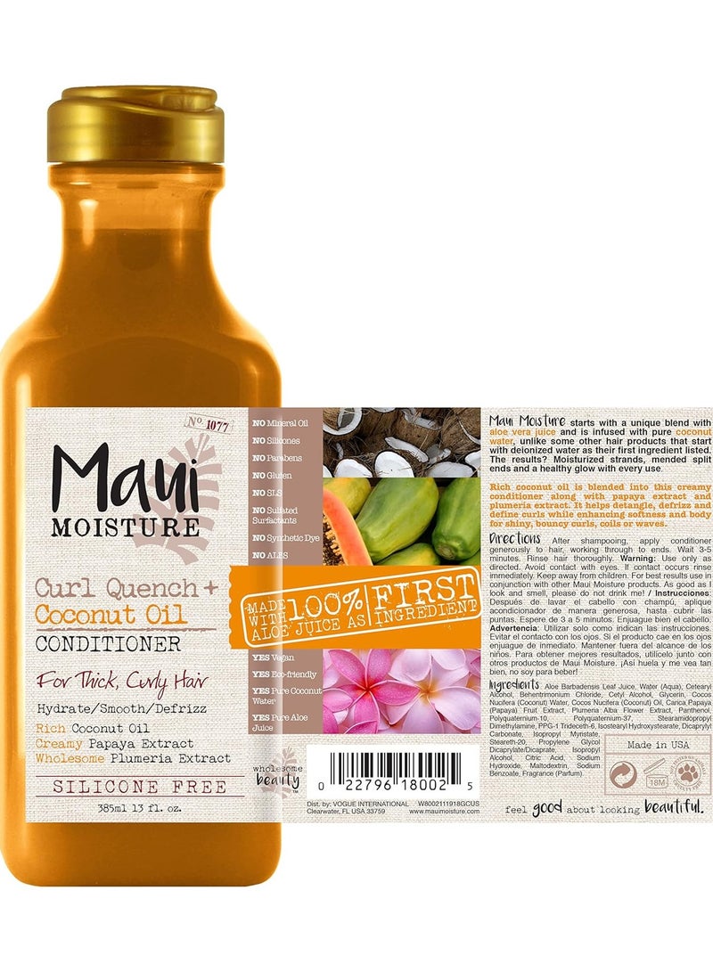 Maui Moisture Curl Quench + Coconut Oil Conditioner, 13 Ounce, Silicone Free Conditioner Ideal for Thick, Curly Hair