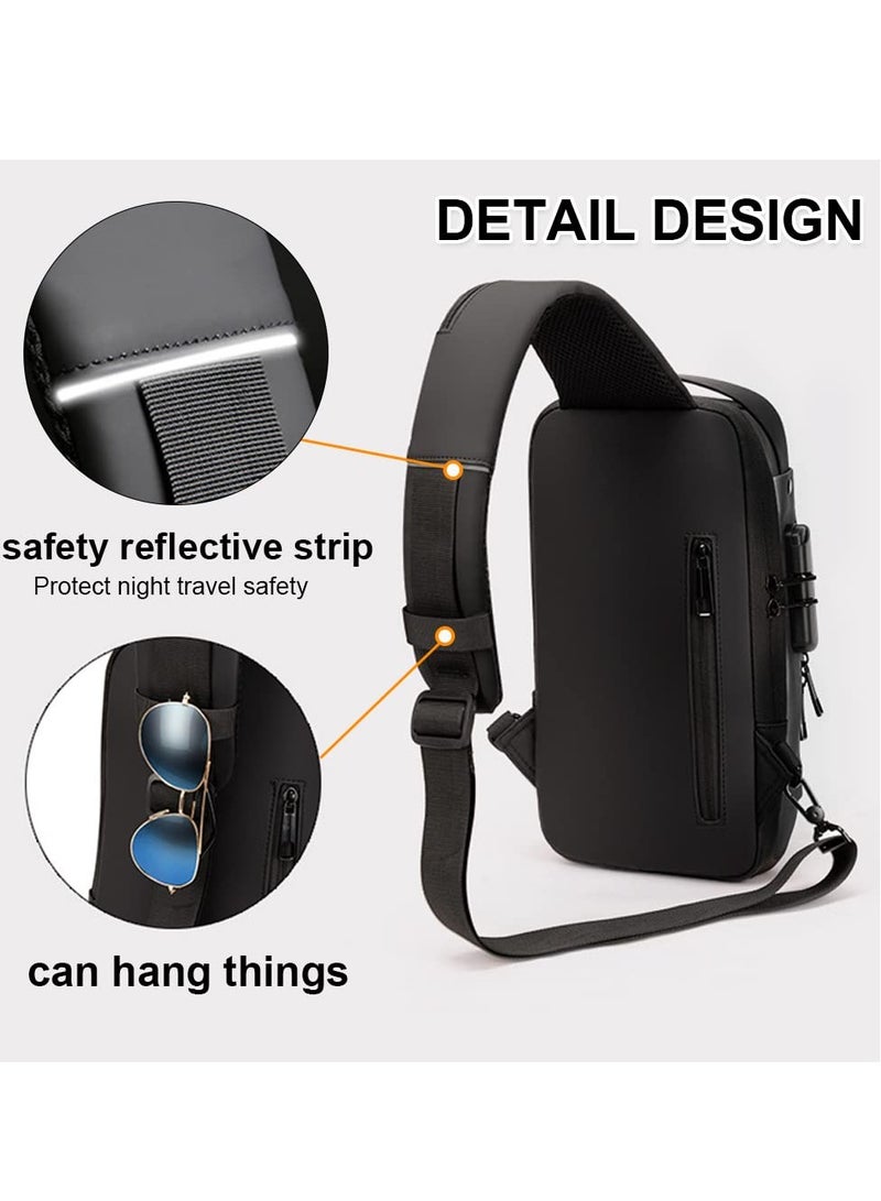 Anti Theft Crossbody Sling Bag, Waterproof Chest Daypack with USB Charging Port, Multi-functional Large-Capacity Lightweight Shoulder Bag with Combination Lock, Shoulder Backpack for Men Women, Black