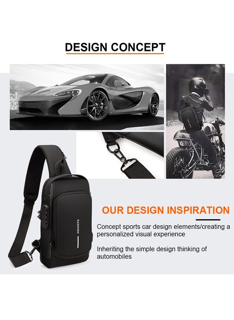 Anti Theft Crossbody Sling Bag, Waterproof Chest Daypack with USB Charging Port, Multi-functional Large-Capacity Lightweight Shoulder Bag with Combination Lock, Shoulder Backpack for Men Women, Black