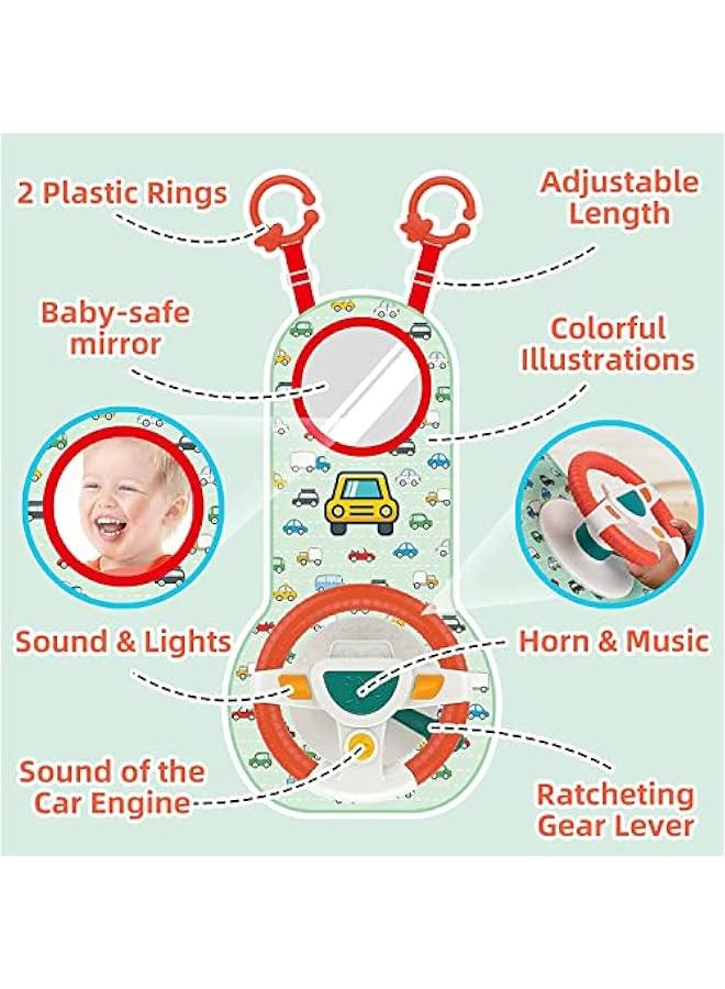 Baby Car Seat Toys for Infants, Baby Car Seat Toys with Mirror, Steering Wheel Toys with Music Lights and Driving Sounds, Child Driver Role Play Game