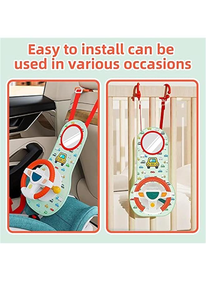 Baby Car Seat Toys for Infants, Baby Car Seat Toys with Mirror, Steering Wheel Toys with Music Lights and Driving Sounds, Child Driver Role Play Game