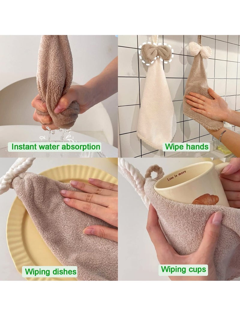 Hand Dryer Towels, 3pcs Hand Towels with Hanging Loops, Soft and Absorbent Microfiber Coral Fleece Hand Towels with Bows for Kitchen and Bathroom, Absorbent Quick Drying, Dark Colour