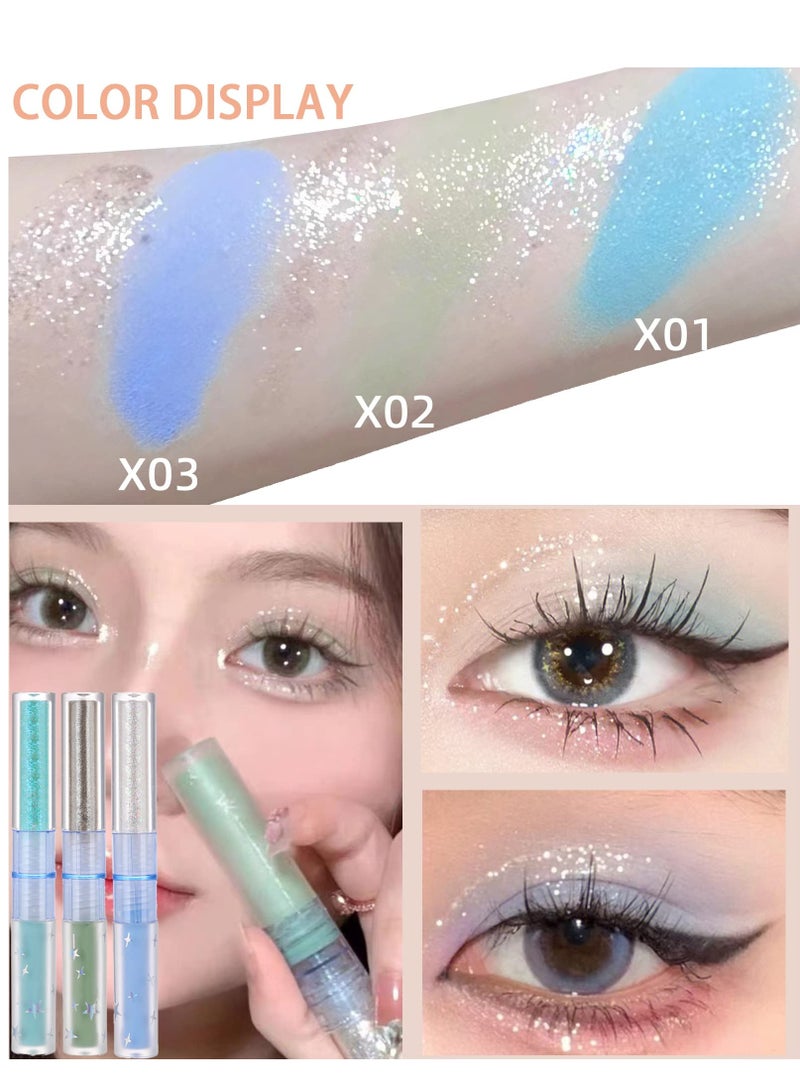 Liquid Matte Eye Shadow 2 in 1 Long Lasting Glitter Shimmer Quick Drying Easy to Apply Makeup 3 Pcs High Pigmented Velvet Cream Eyeshadow Eyeliner Stick