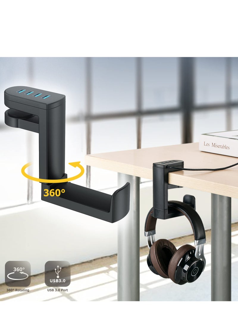 Headphone Stand with USB Charger, 360° Swivel Headset Hanger and Adjustable Springed Clamp, Under Desk Space Save Mount Fold Headset Holder with USB 3.0 x1 + USB 2.0 x3