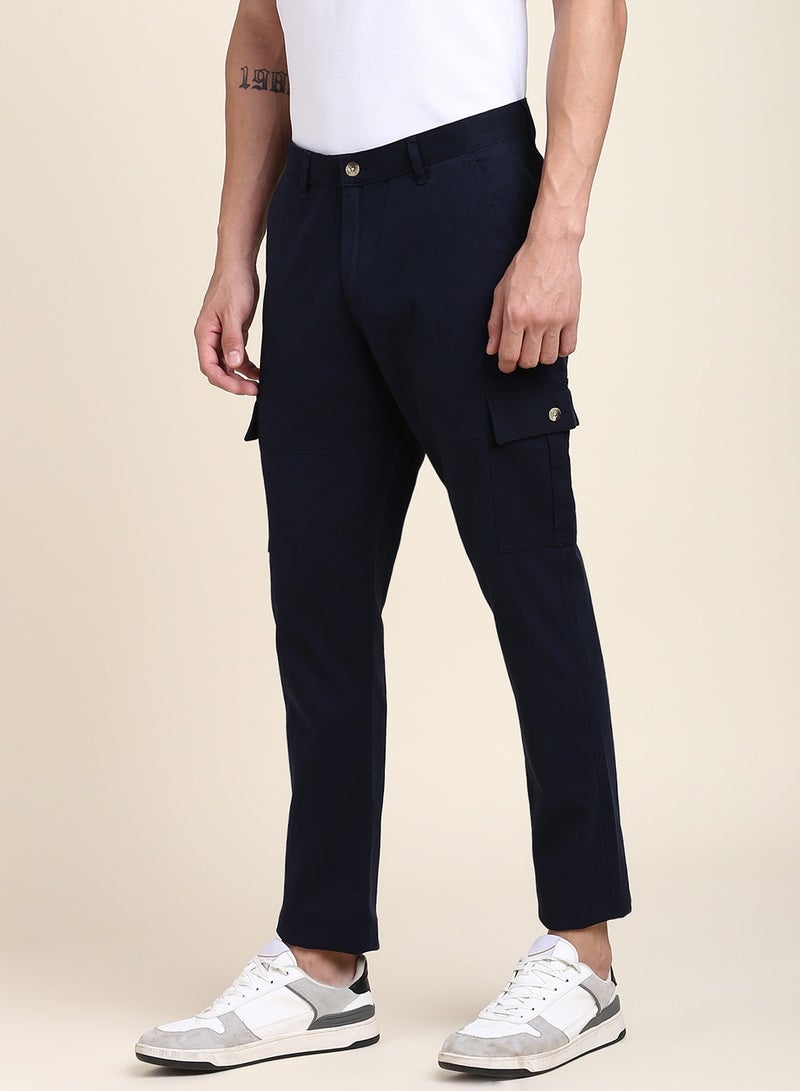 Navy Casual Trousers for Men - Slim Fit, Cotton Lycra