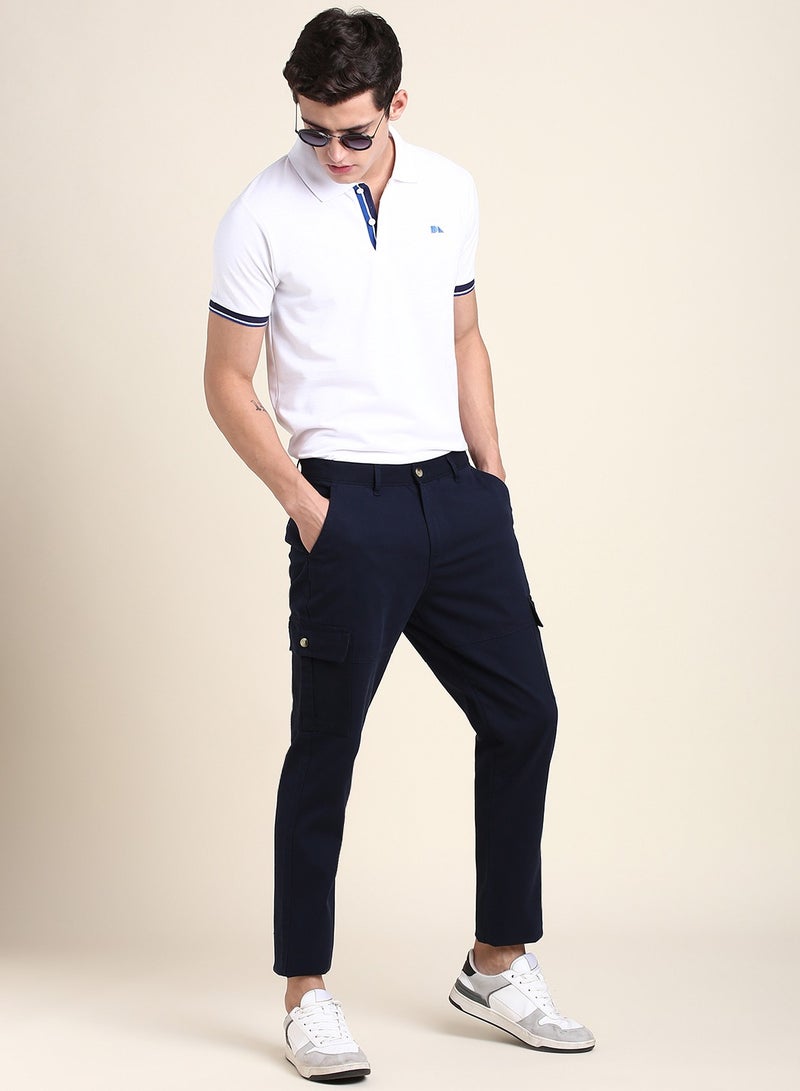 Navy Casual Trousers for Men - Slim Fit, Cotton Lycra