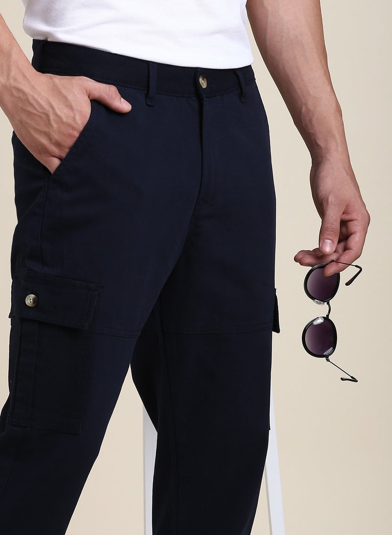 Navy Casual Trousers for Men - Slim Fit, Cotton Lycra