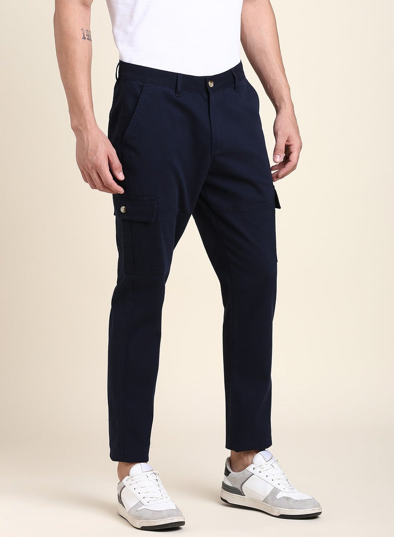 Navy Casual Trousers for Men - Slim Fit, Cotton Lycra