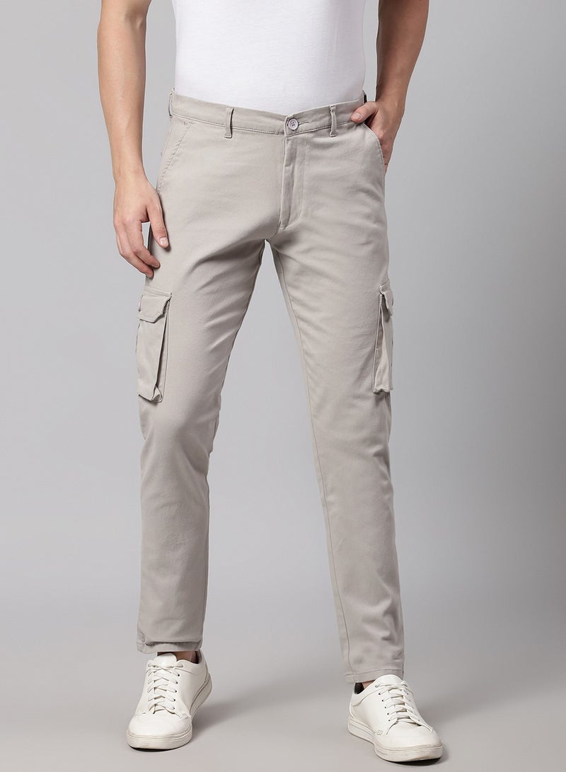 Men's Light Grey Tapered Fit Cotton Cargo Pants