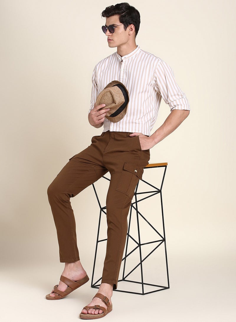 Brown Casual Trousers for Men - Slim Fit, Cotton Lycra