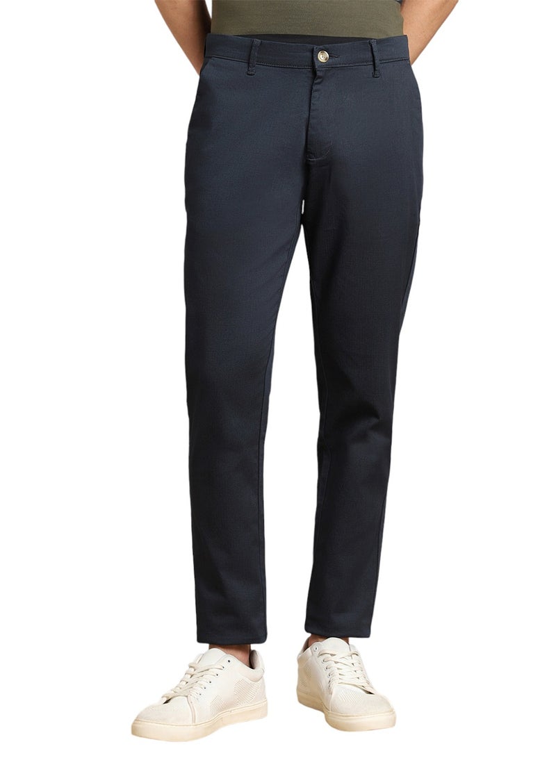 Navy Casual Trousers for Men, Slim Fit, Cotton Lycra