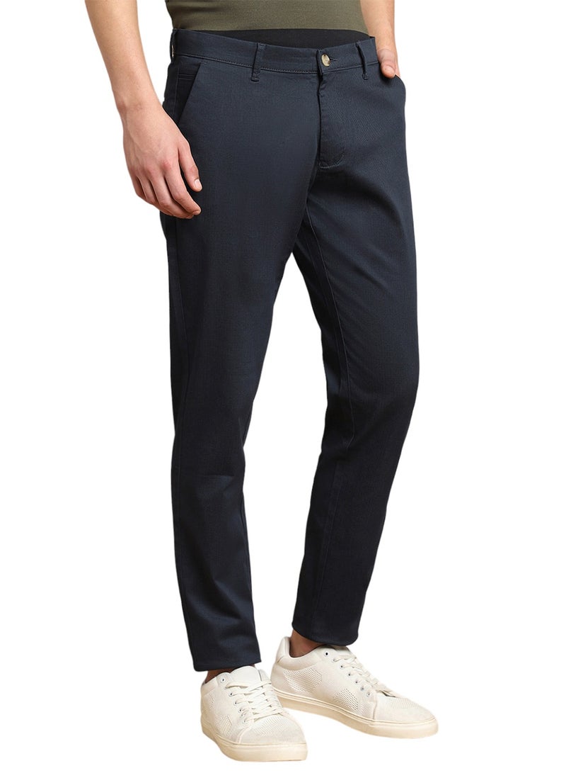 Navy Casual Trousers for Men, Slim Fit, Cotton Lycra