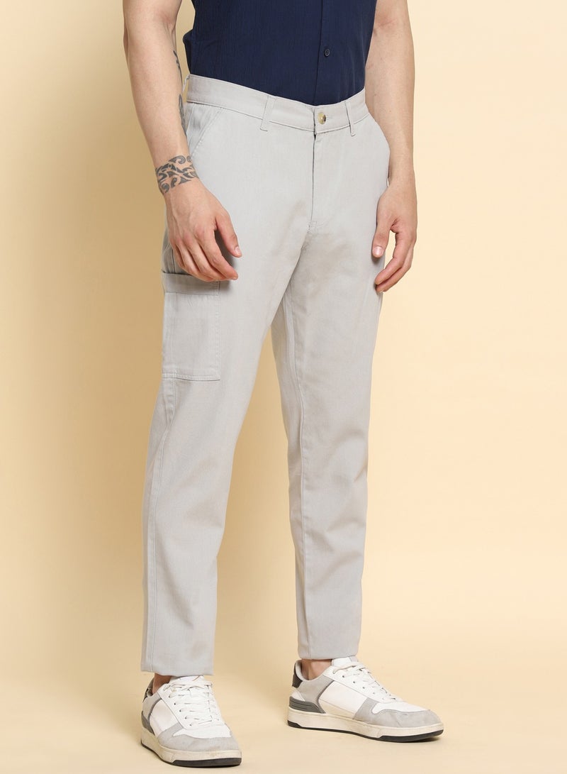 Light Grey Casual Trousers for Men - Regular Fit, Cotton Lycra