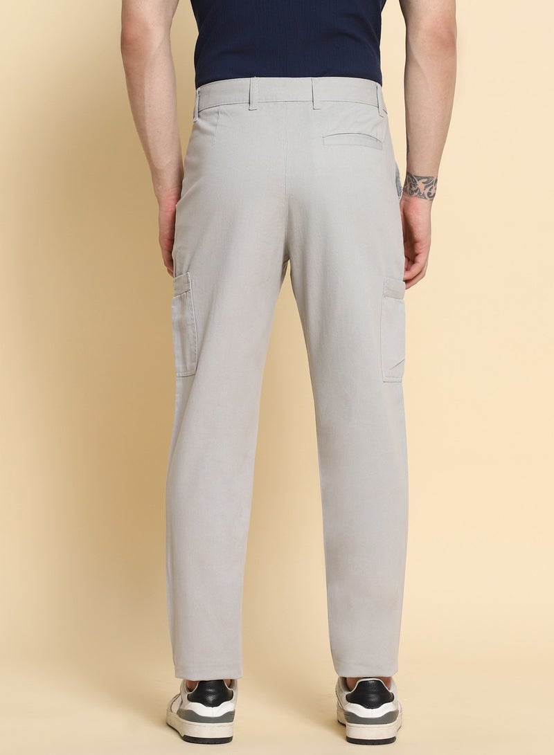 Light Grey Casual Trousers for Men - Regular Fit, Cotton Lycra