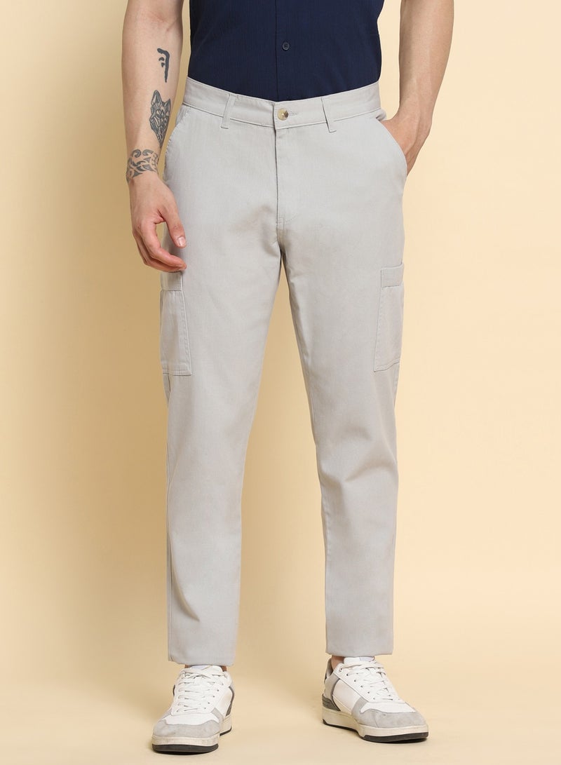 Light Grey Casual Trousers for Men - Regular Fit, Cotton Lycra