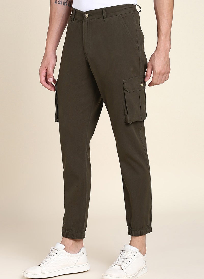 Dark Olive Casual Trousers for Men - Slim Fit, Cotton Lycra