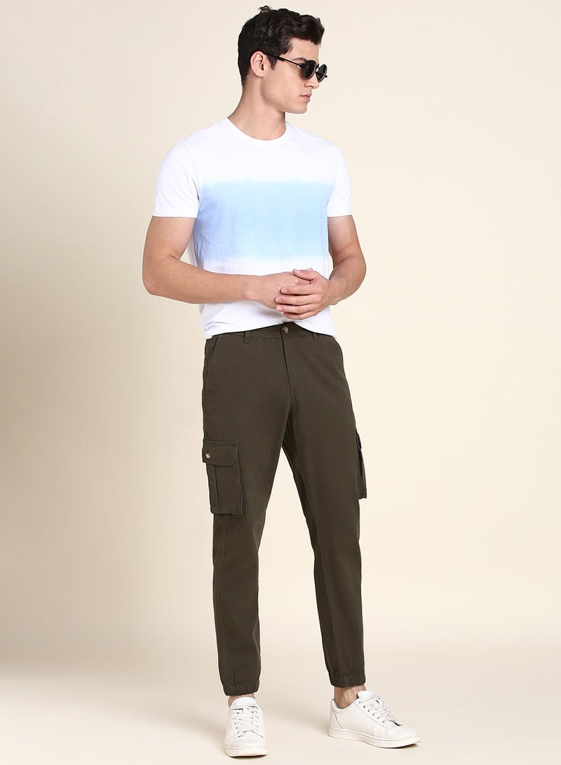 Dark Olive Casual Trousers for Men - Slim Fit, Cotton Lycra