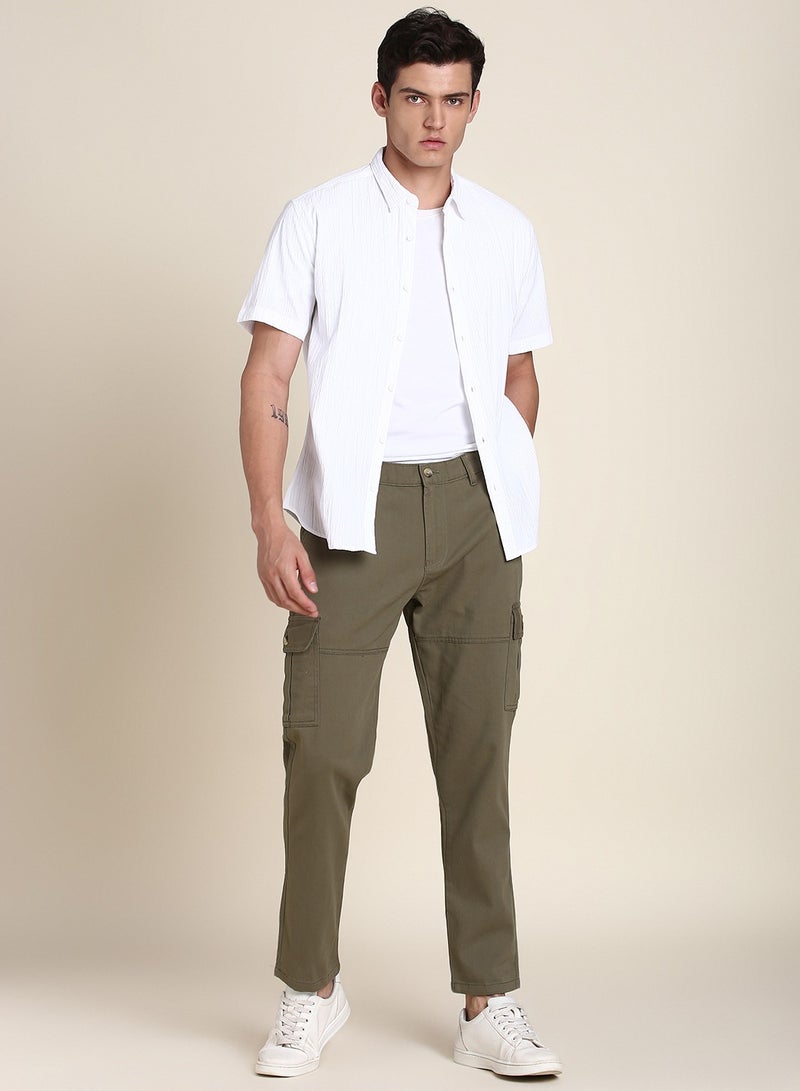 Light Olive Casual Trousers for Men - Slim Fit, Cotton Lycra