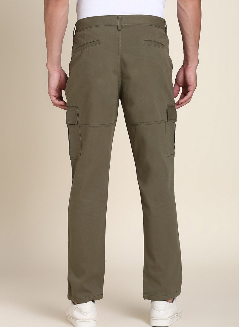 Light Olive Casual Trousers for Men - Slim Fit, Cotton Lycra