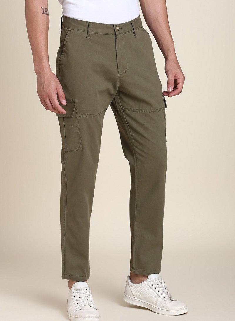 Light Olive Casual Trousers for Men - Slim Fit, Cotton Lycra