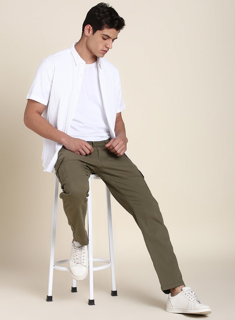 Light Olive Casual Trousers for Men - Slim Fit, Cotton Lycra