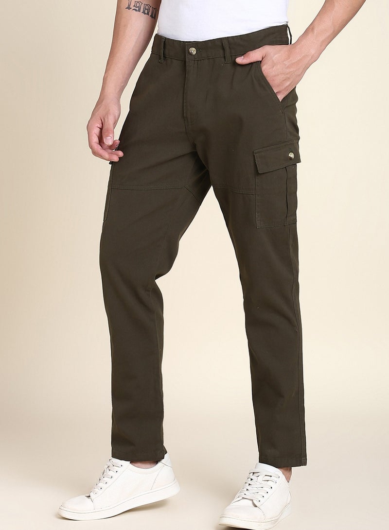 Dark Olive Casual Trousers for Men - Slim Fit, Cotton Lycra