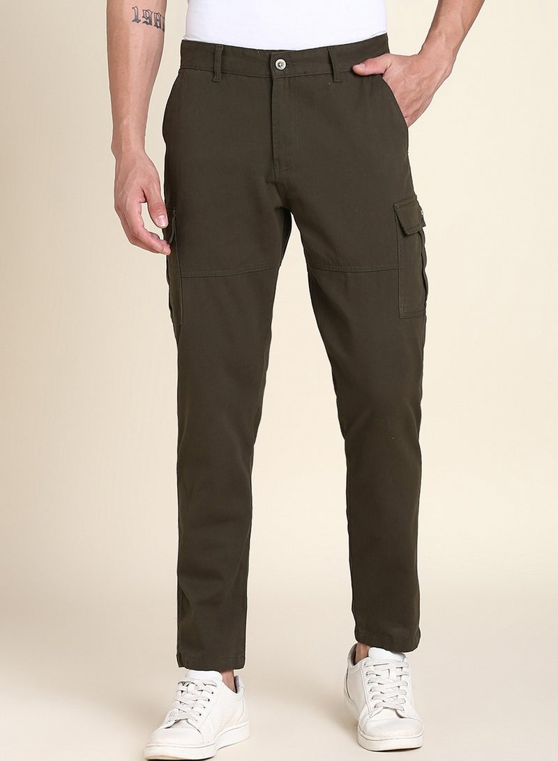 Dark Olive Casual Trousers for Men - Slim Fit, Cotton Lycra