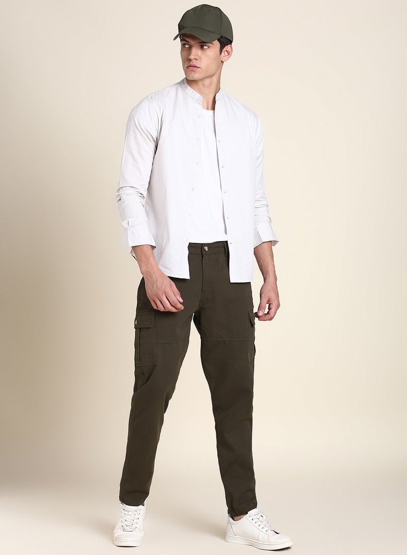 Dark Olive Casual Trousers for Men - Slim Fit, Cotton Lycra