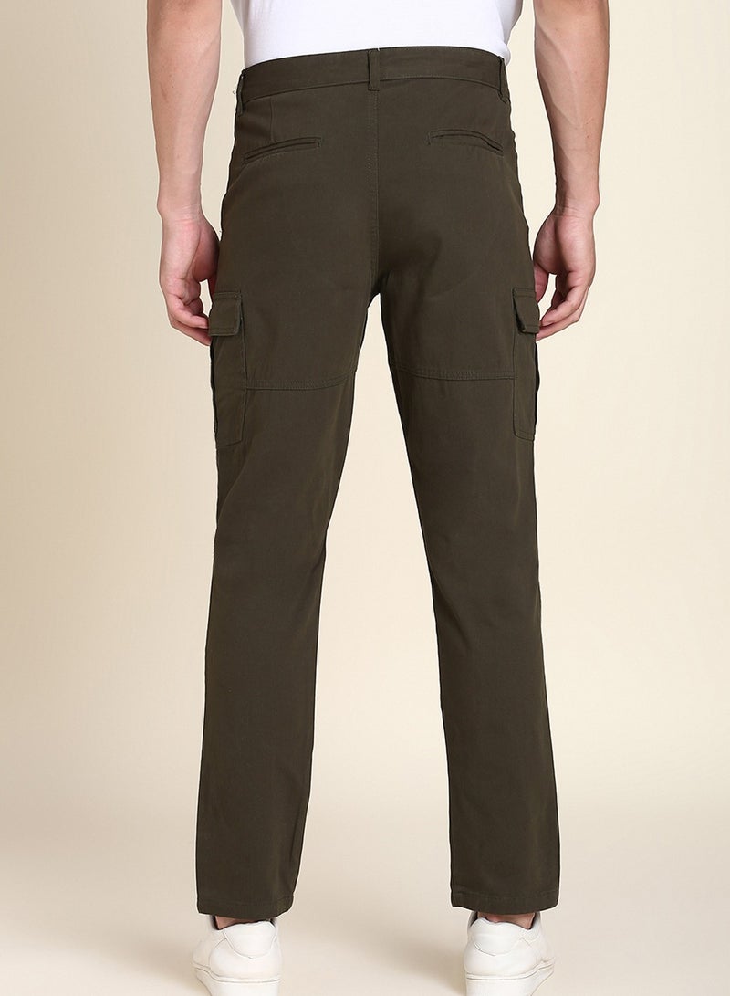 Dark Olive Casual Trousers for Men - Slim Fit, Cotton Lycra