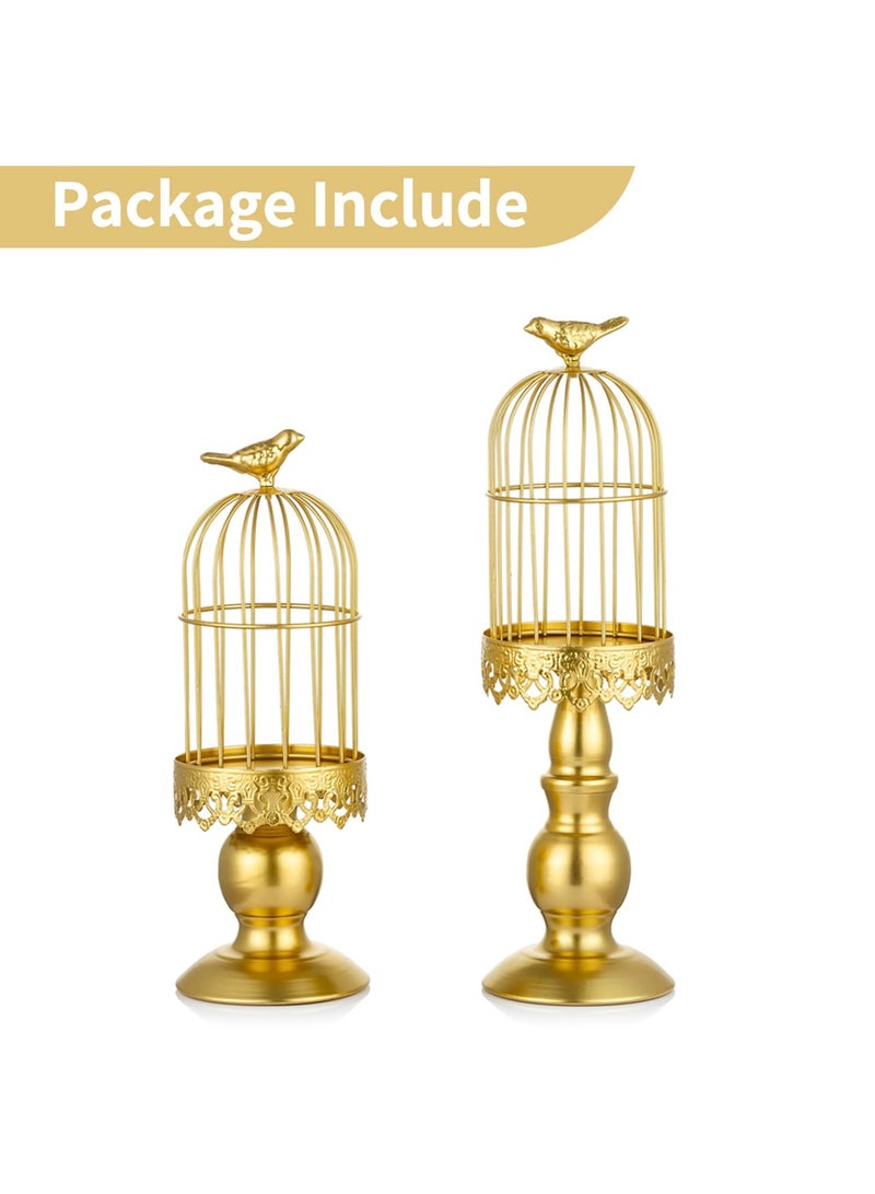 Candle Holders for Pillar Candles, Decorative Metallic Bird Cage Ornament Gold Vintage Candlestick Holders Set of 2 for Tables Bedroom Cafe Table Home Decor Wedding