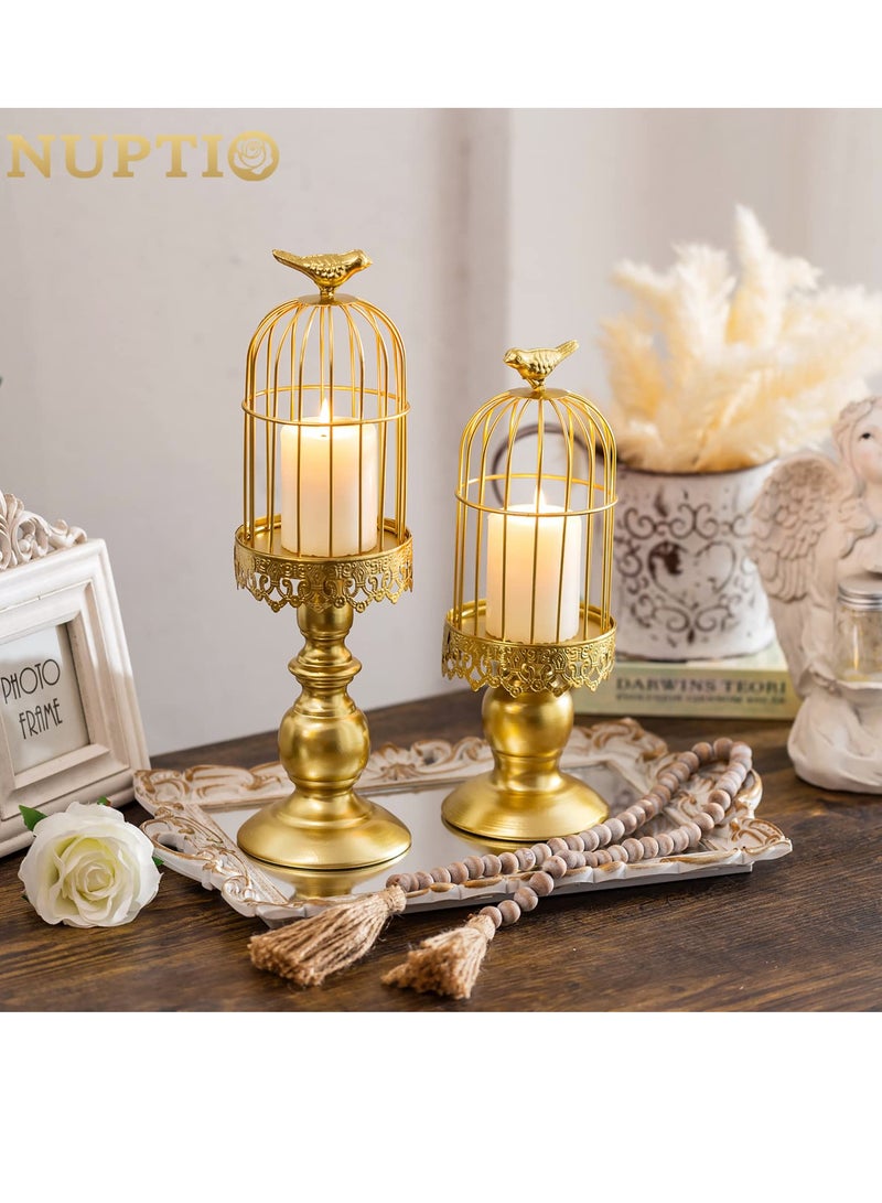 Candle Holders for Pillar Candles, Decorative Metallic Bird Cage Ornament Gold Vintage Candlestick Holders Set of 2 for Tables Bedroom Cafe Table Home Decor Wedding