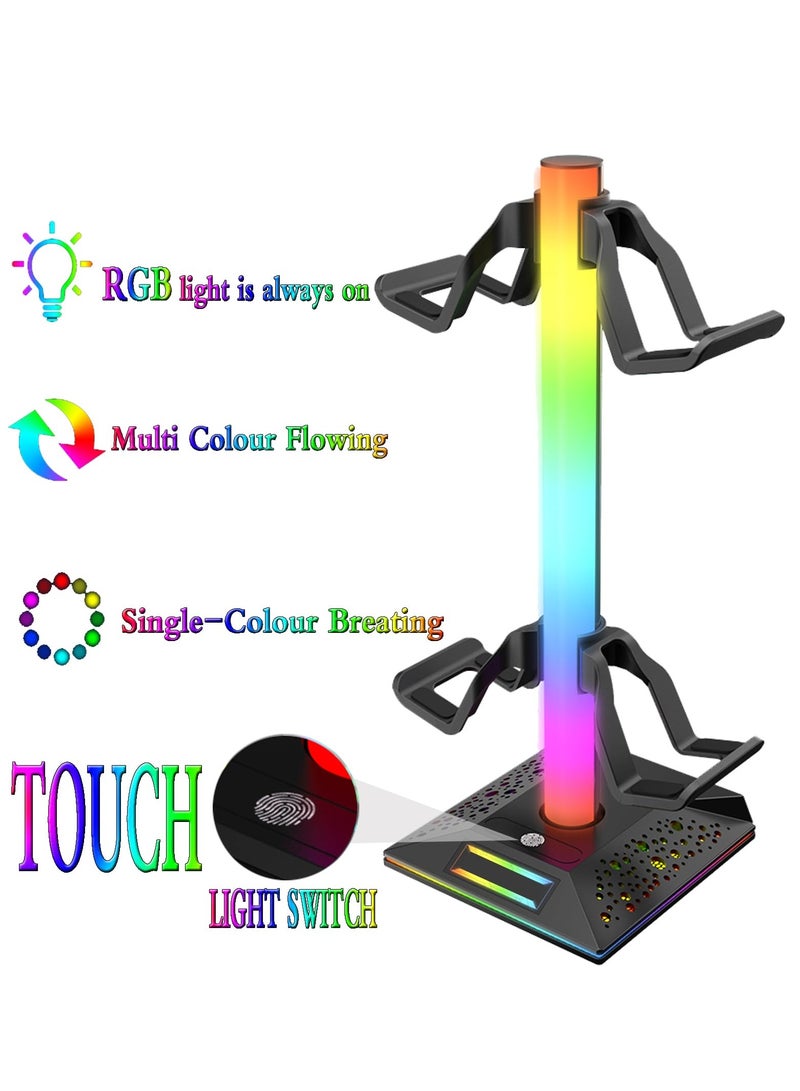 RGB Headphone Stand and Gaming Controller Holder, Desk Headset Stand with 10 Light Modes, 2 USB Charging Ports, and 1 Type-C Port, Universal Headset Stand Accessories for Desk Gamers